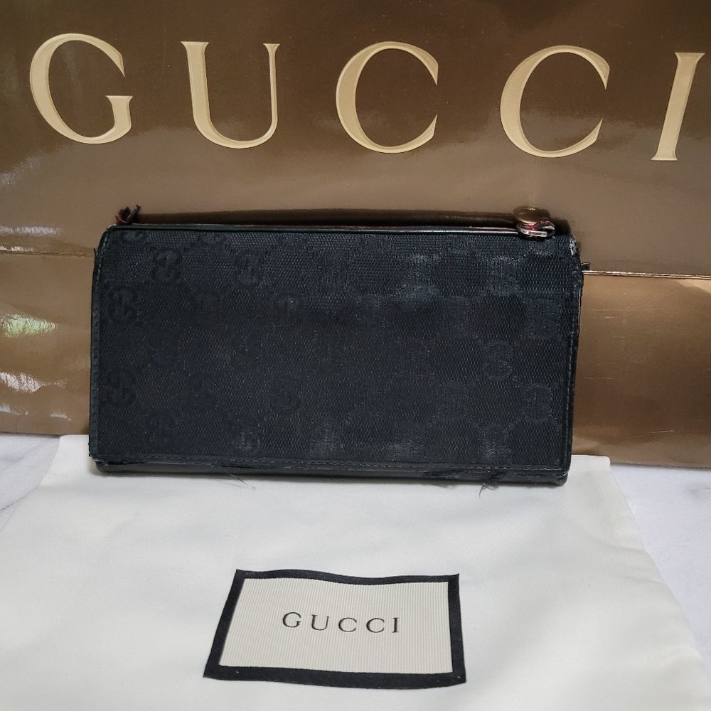 GUCCI GG Monogram Logo Black Leather Long Bifold Wallet 130590496334